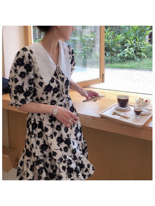 French retro floral dress women's summer tem...