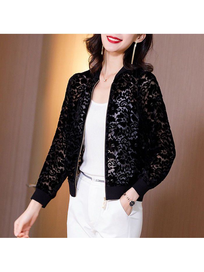 Black velvet jacket women's  spring new casual and versatile solid color top loose long sleeve Baseball Jacket 