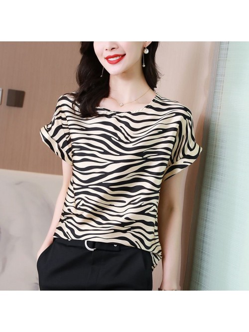 Zebra pattern Short Sleeve Silk T-shirt women'...