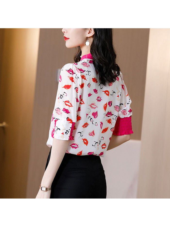 Silk shirt women's spring and summer new Hong Kong style printing half sleeve careful machine color contrast ribbon silk top women's wear 