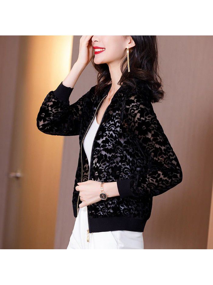 Black velvet jacket women's  spring new casual and versatile solid color top loose long sleeve Baseball Jacket 
