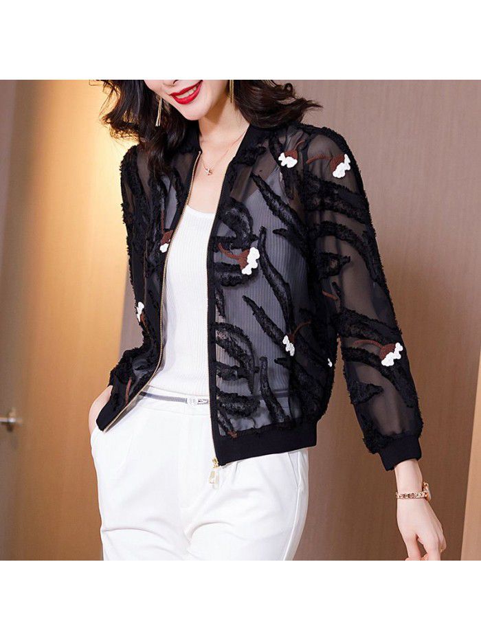 Black Jacket Women's long sleeve  spring new flocked loose jacket sexy top sunscreen jacket baseball suit 