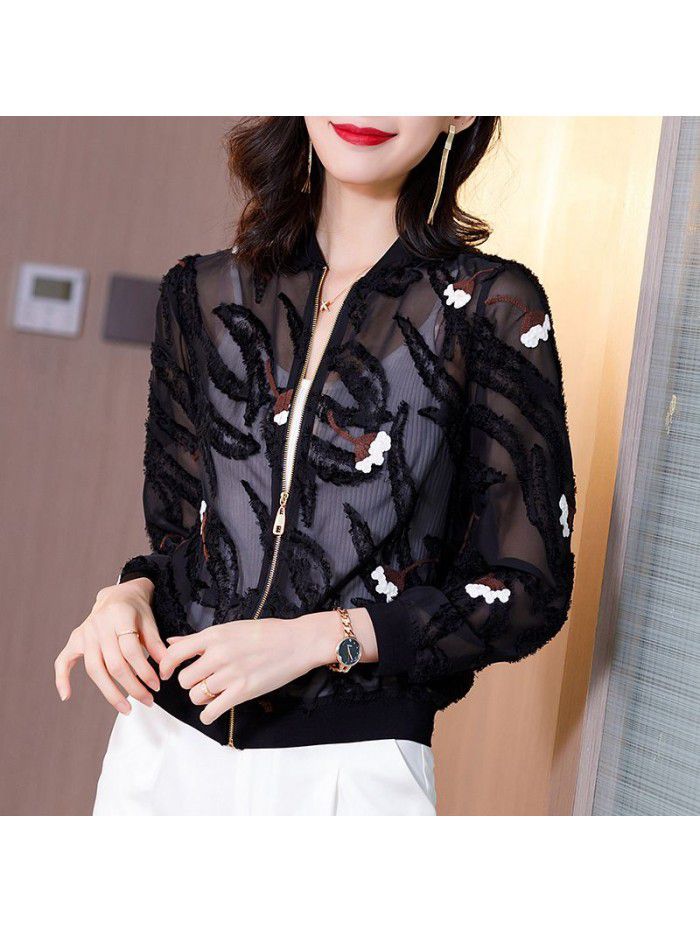 Black Jacket Women's long sleeve  spring new flocked loose jacket sexy top sunscreen jacket baseball suit 