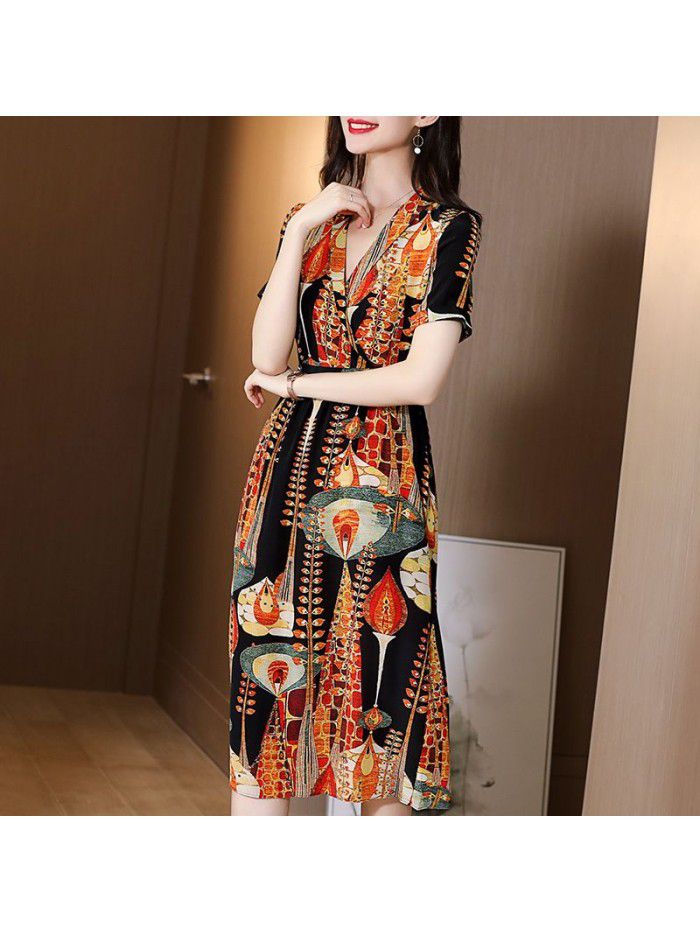 Silk dress medium length  early spring new summer dress V-neck waist slim print large long skirt 