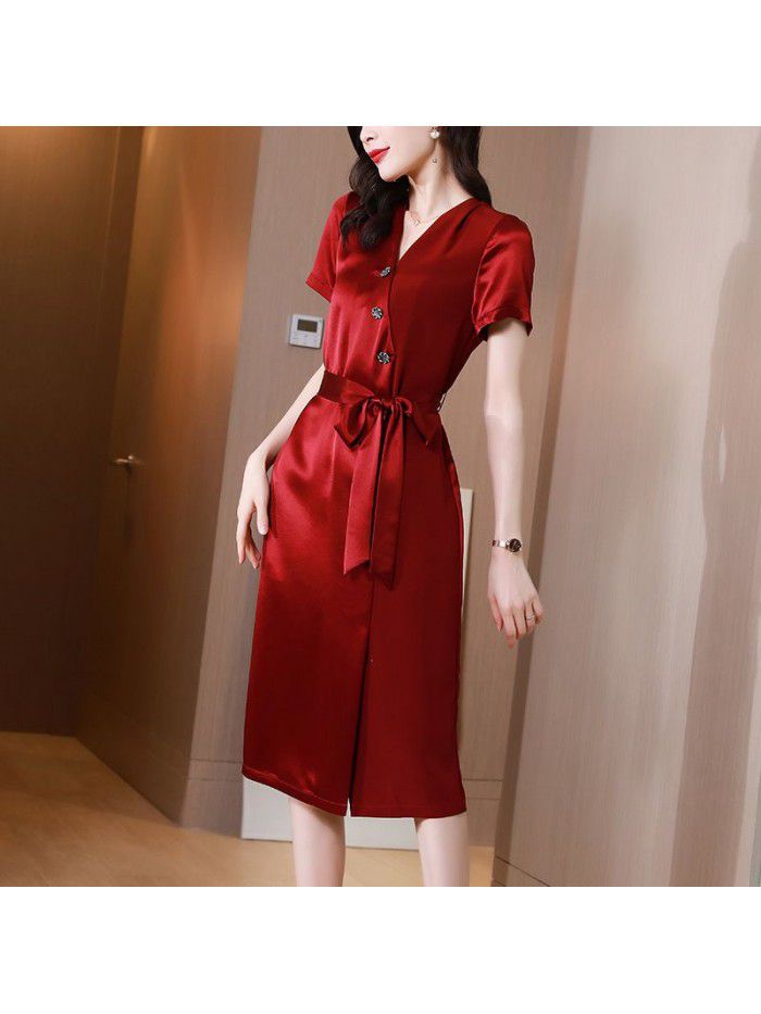 Triacetic acid satin dress women's summer  new V-neck waist lace up goddess temperament medium length skirt 