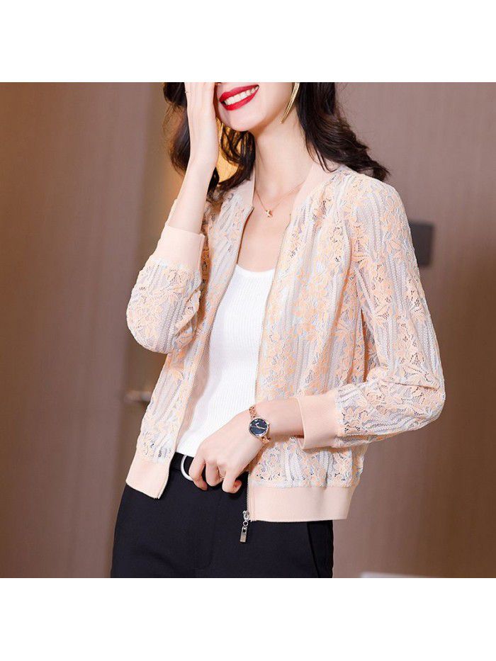 early spring new jacket stand collar long sleeve bright silk hollow lace shirt embroidery blouse cardigan Baseball Jacket 