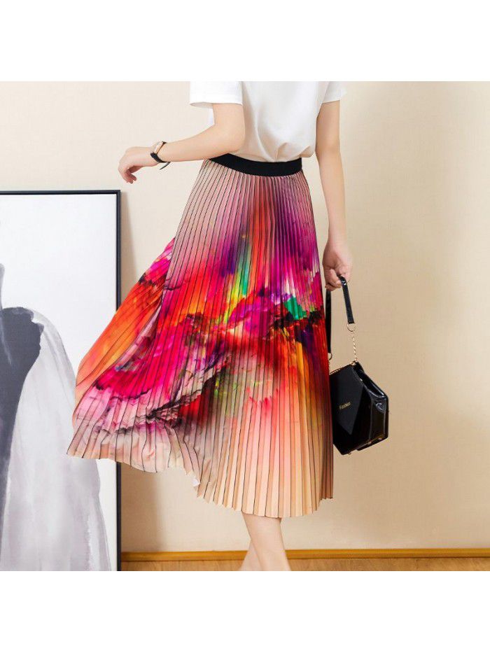 Beach Swing Skirt  summer new abstract pattern high waist drape pleated medium length skirt 