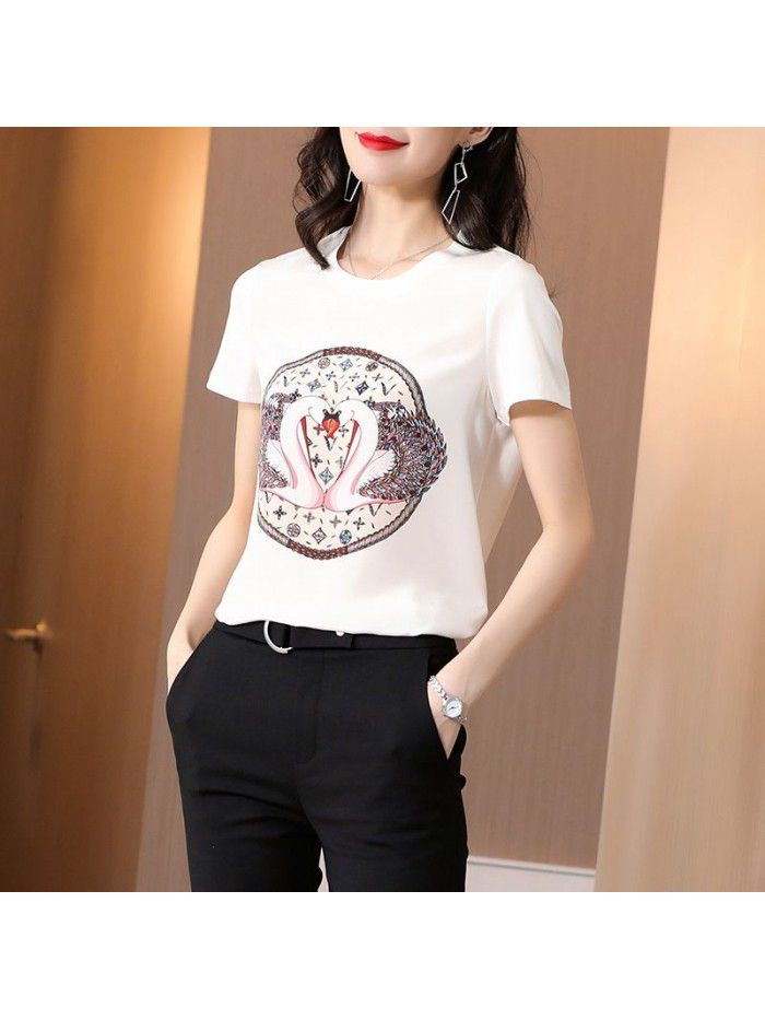 European Printed White Short Sleeve Silk T-shirt women's  summer dress new temperament round neck design silk top 