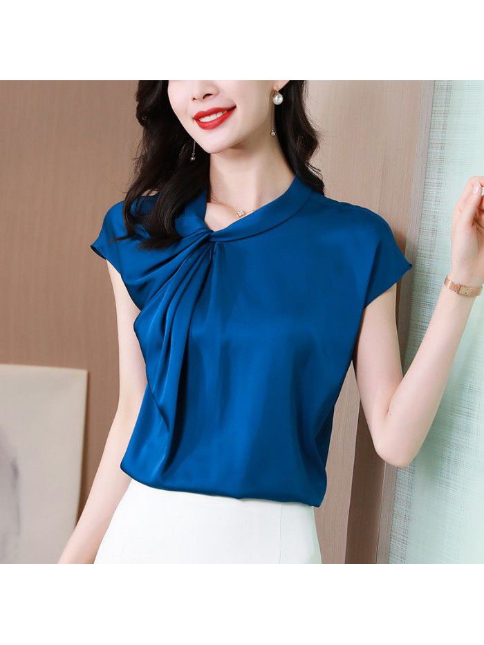 Blue heavyweight silk short sleeve shirt  new summer T-shirt slim high end silk top 