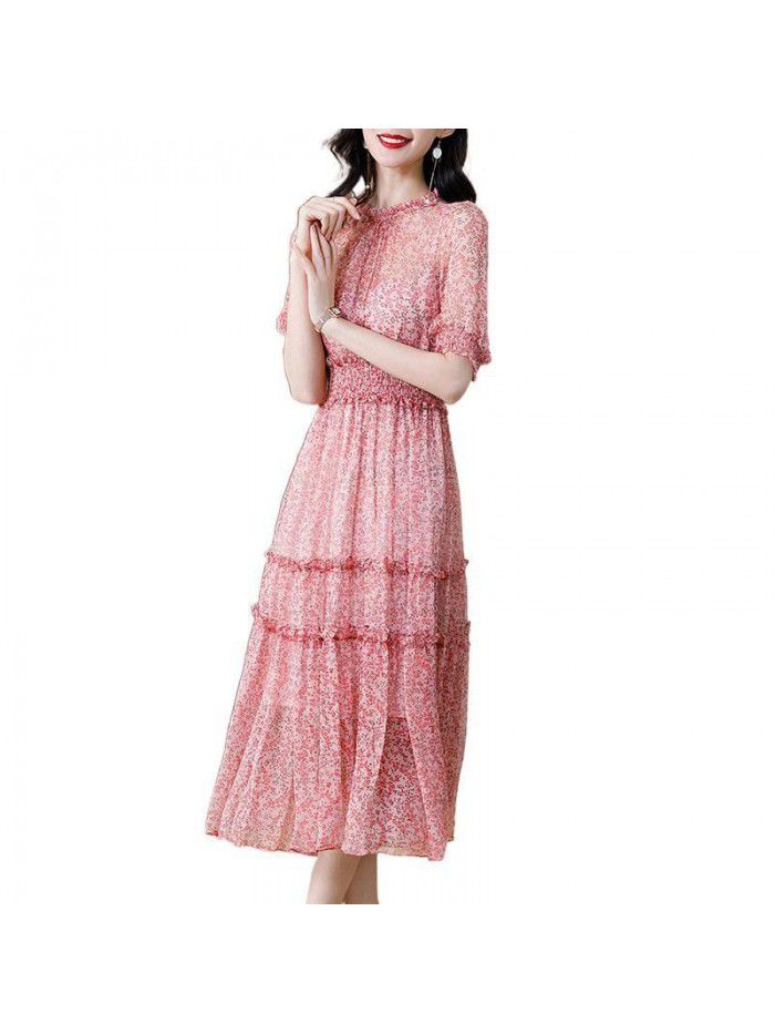 Floral silk dress for women's  summer new style slim waist silk French skirt 