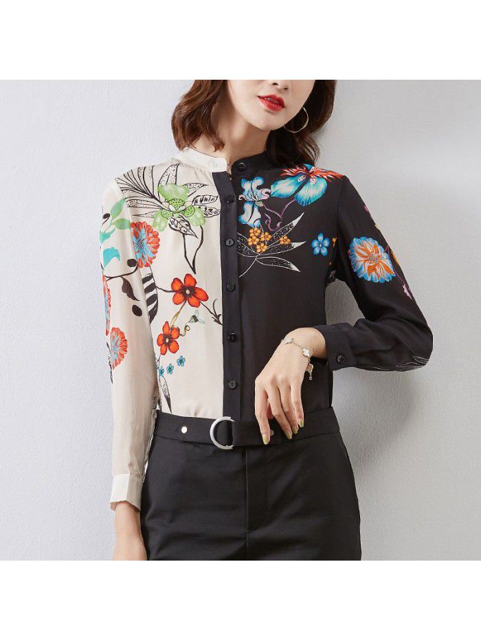 spring and winter new silk top women's printing mulberry silk fashion long sleeve shirt retro stand collar contrast shirt 
