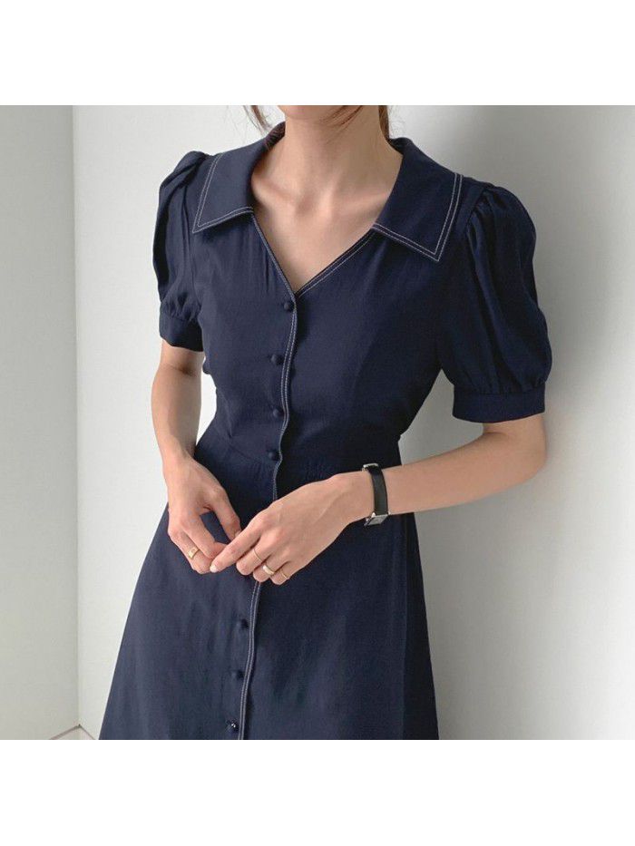 The design of Hepburn French bubble sleeve single breasted casual dress for women in  summer 