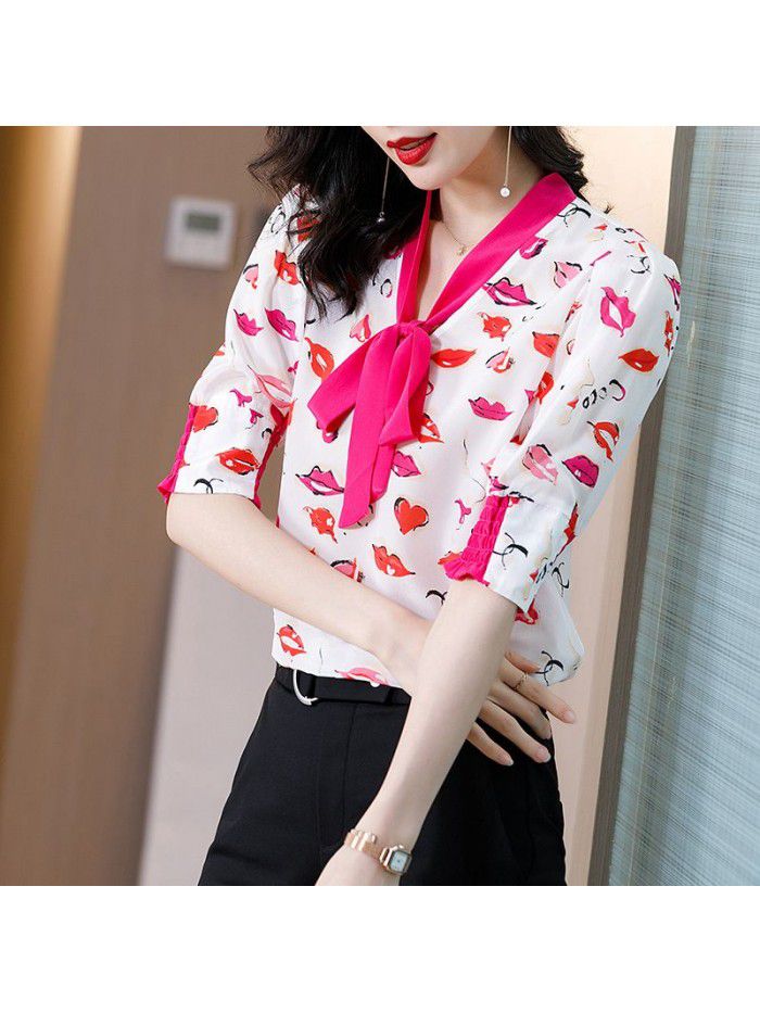 Silk shirt women's spring and summer new Hong Kong style printing half sleeve careful machine color contrast ribbon silk top women's wear 