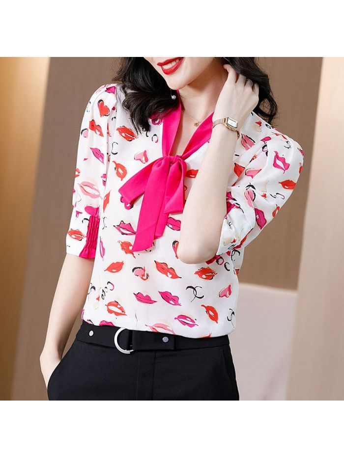 Silk shirt women's spring and summer new Hong Kong style printing half sleeve careful machine color contrast ribbon silk top women's wear 