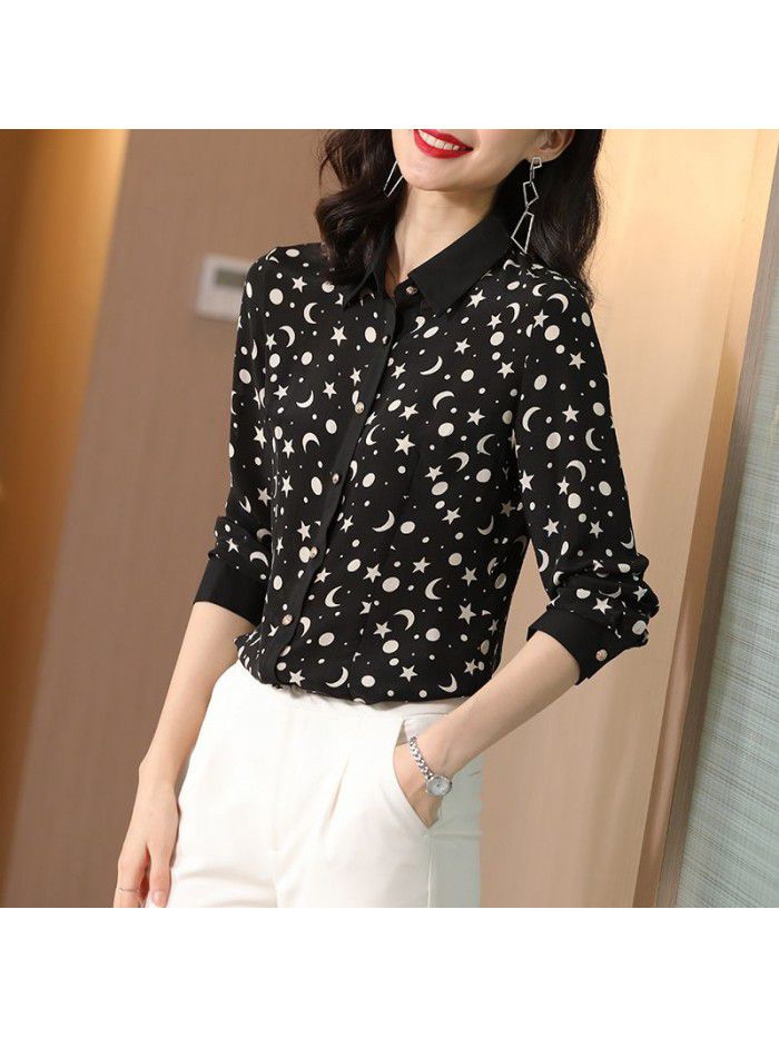 Black silk shirt women's long sleeve  spring and summer new fashion foreign style top loose and versatile polo collar shirt 