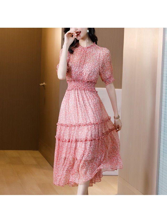 Floral silk dress for women's  summer new style slim waist silk French skirt 