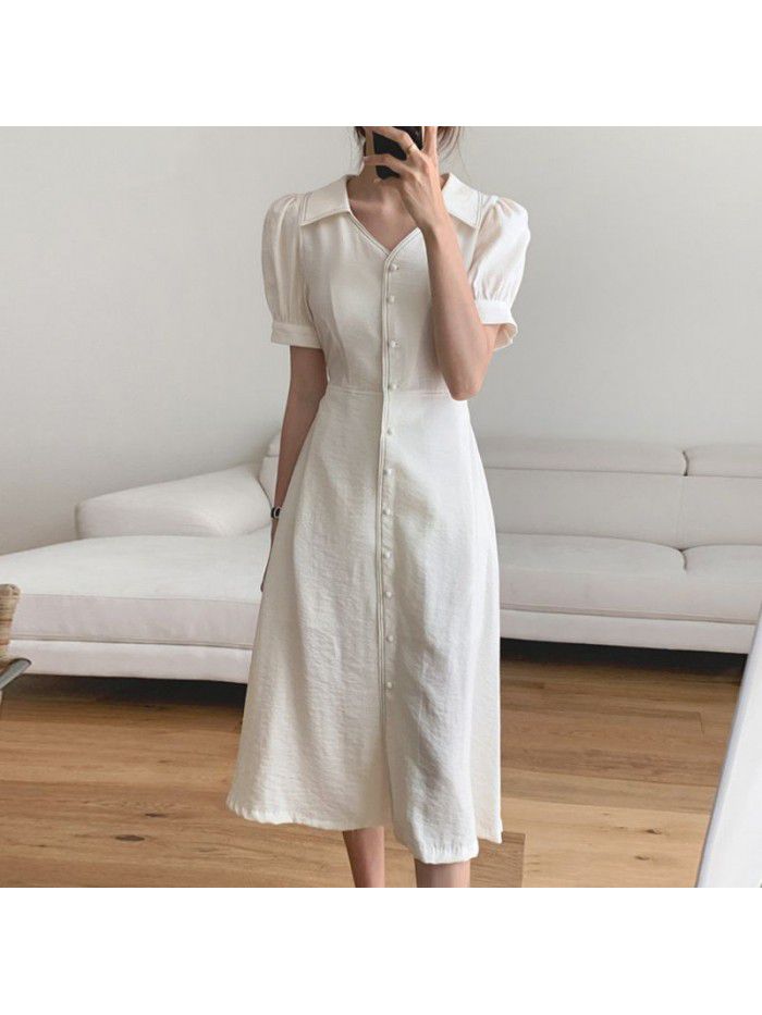 The design of Hepburn French bubble sleeve single breasted casual dress for women in  summer 