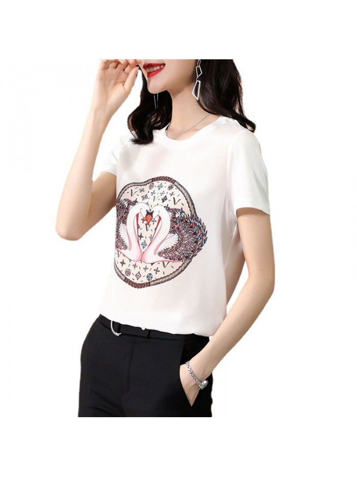 European Printed White Short Sleeve Silk T-shirt women's  summer dress new temperament round neck design silk top 