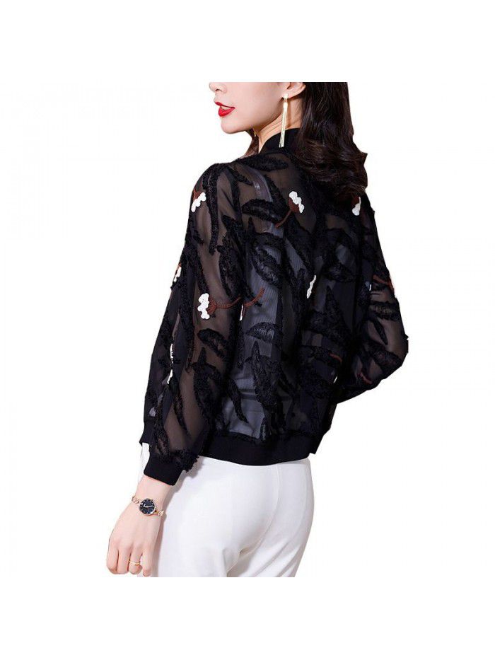 Black Jacket Women's long sleeve  spring new flocked loose jacket sexy top sunscreen jacket baseball suit 