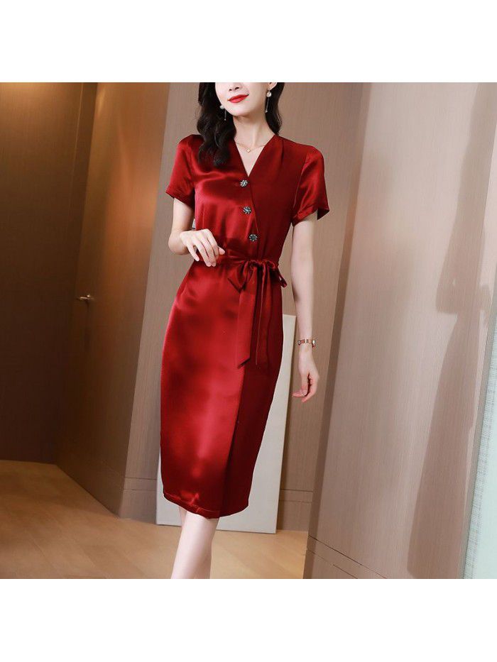 Triacetic acid satin dress women's summer  new V-neck waist lace up goddess temperament medium length skirt 