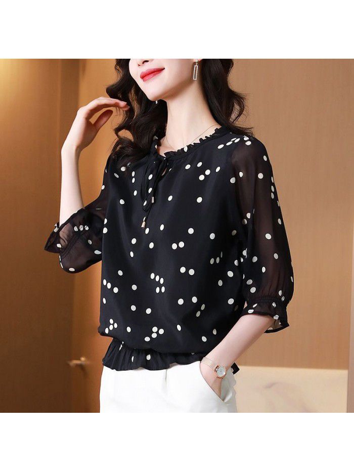 Black Polka Dot silk shirt for women  new spring and summer fashion slim mulberry silk top small shirt large women's dress 