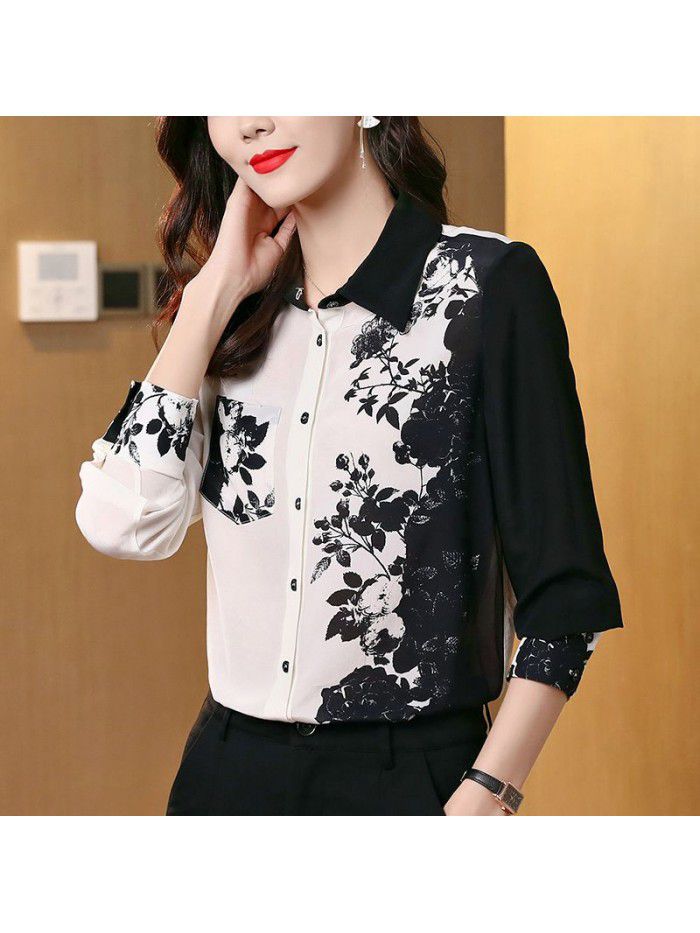 Contrast printed silk shirt NEW Loose and slim long sleeve shirt for women  spring and summer 