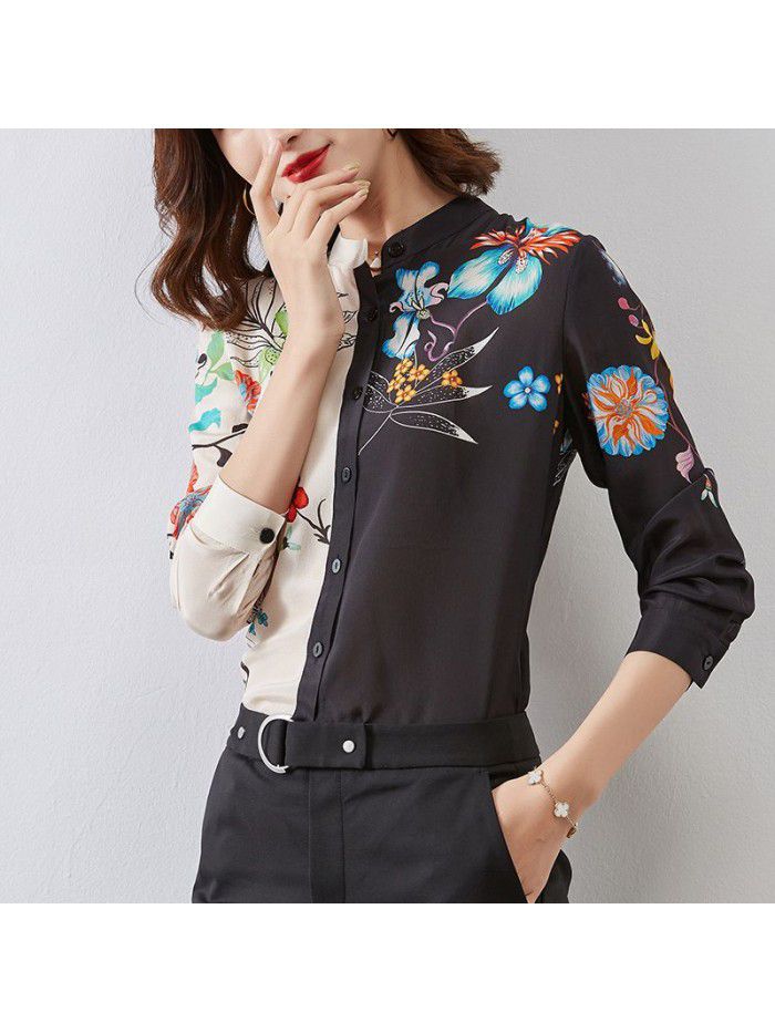  spring and winter new silk top women's printing mulberry silk fashion long sleeve shirt retro stand collar contrast shirt 