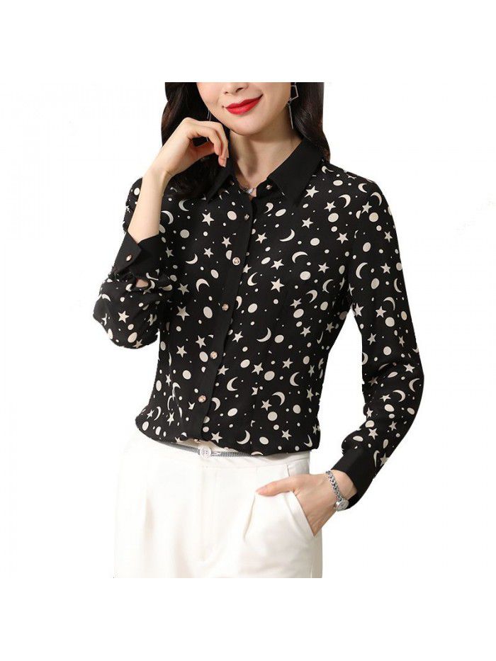 Black silk shirt women's long sleeve  spring and summer new fashion foreign style top loose and versatile polo collar shirt 
