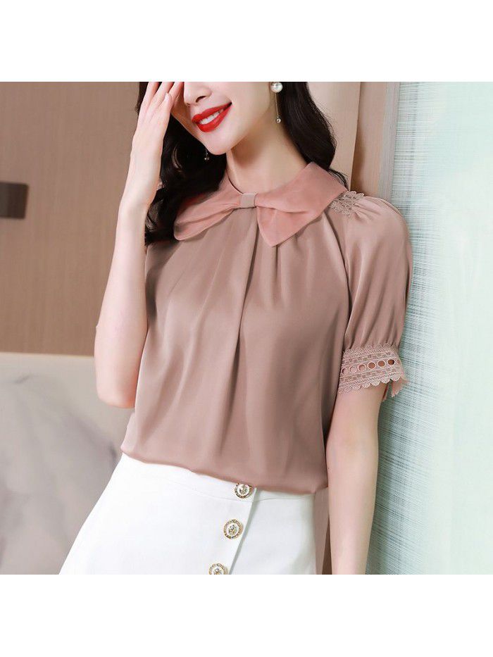 Dark pink silk top short sleeve Organza baby collar  new summer fashion aging mulberry silk shirt 