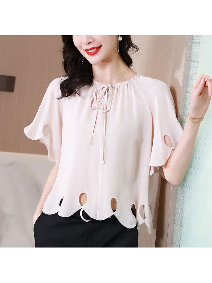 Design of new French lace up silk shirt in  summer 