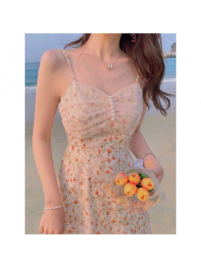 "Monet garden" French drawstring dress women's summer  spring new style gentle Floral Dress Medium Length