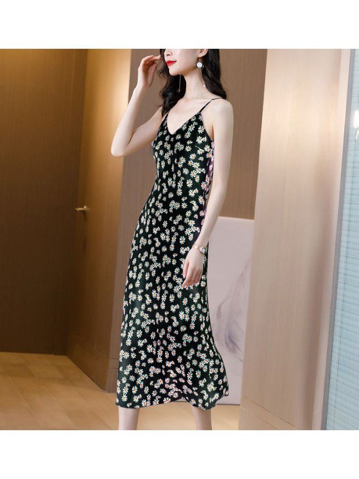 Suspender vest women's silk satin floral dress summer  new women's silk A-line skirt 