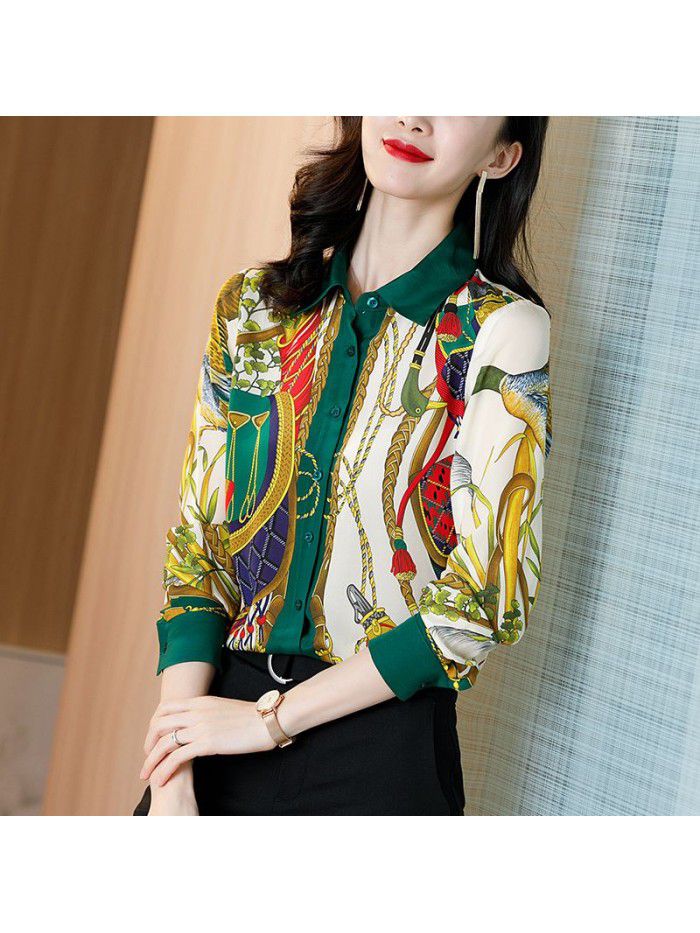 Design sense small group mulberry silk shirt Lapel silk printed shirt long sleeve  spring new women's fashion 