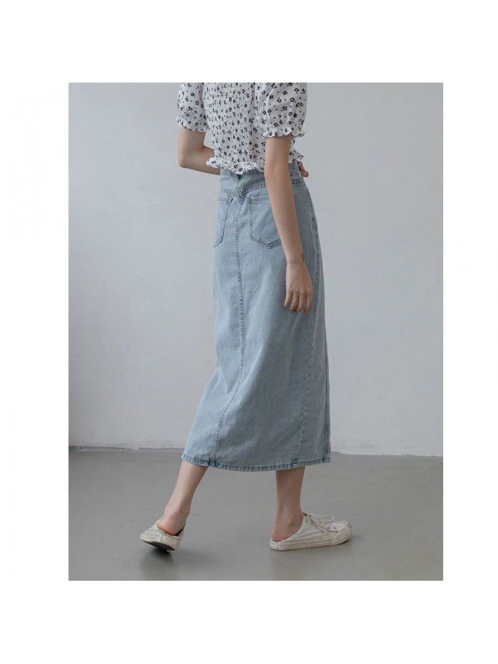Retro side split denim skirt women's mid length  summer high waist thin, hip long skirt can be replaced 