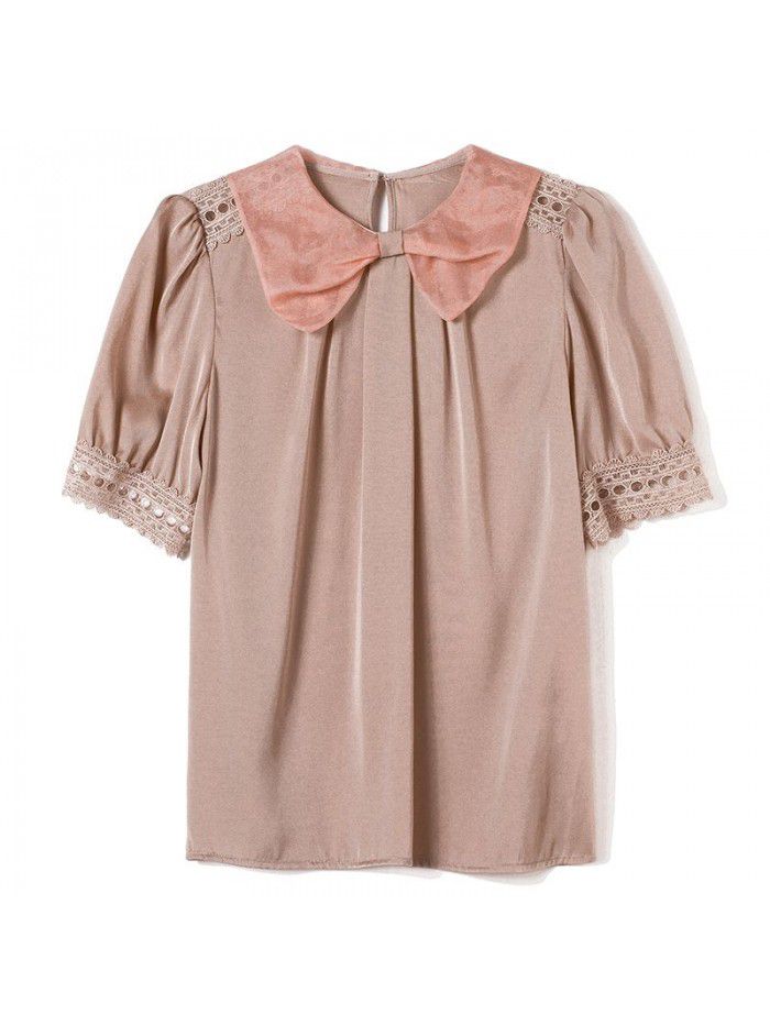 Dark pink silk top short sleeve Organza baby collar  new summer fashion aging mulberry silk shirt 