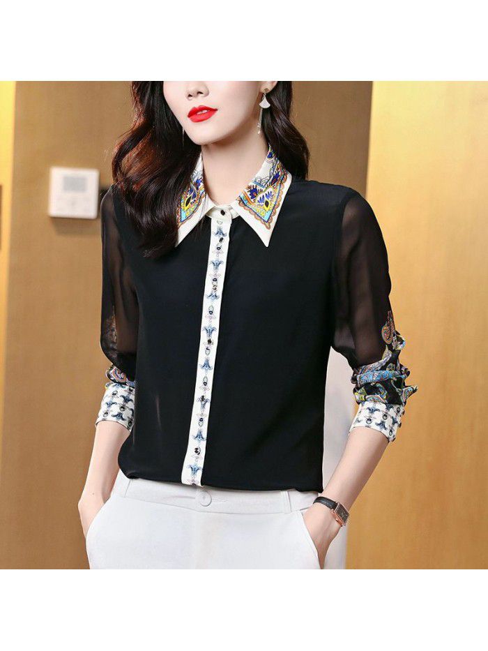 Design sense printed black silk shirt for women's  spring and summer new fashion versatile slim silk shirt 