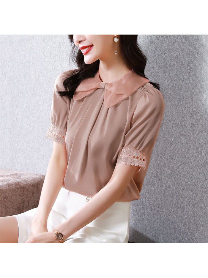 Dark pink silk top short sleeve Organza baby collar  new summer fashion aging mulberry silk shirt 