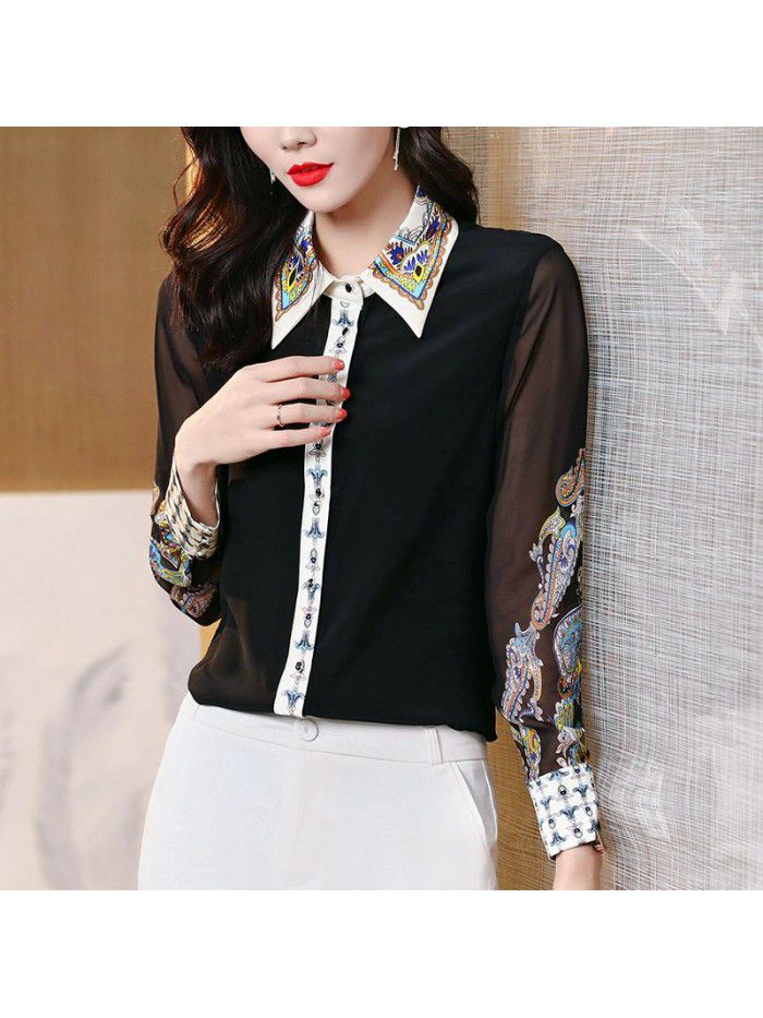 Design sense printed black silk shirt for women's  spring and summer new fashion versatile slim silk shirt 