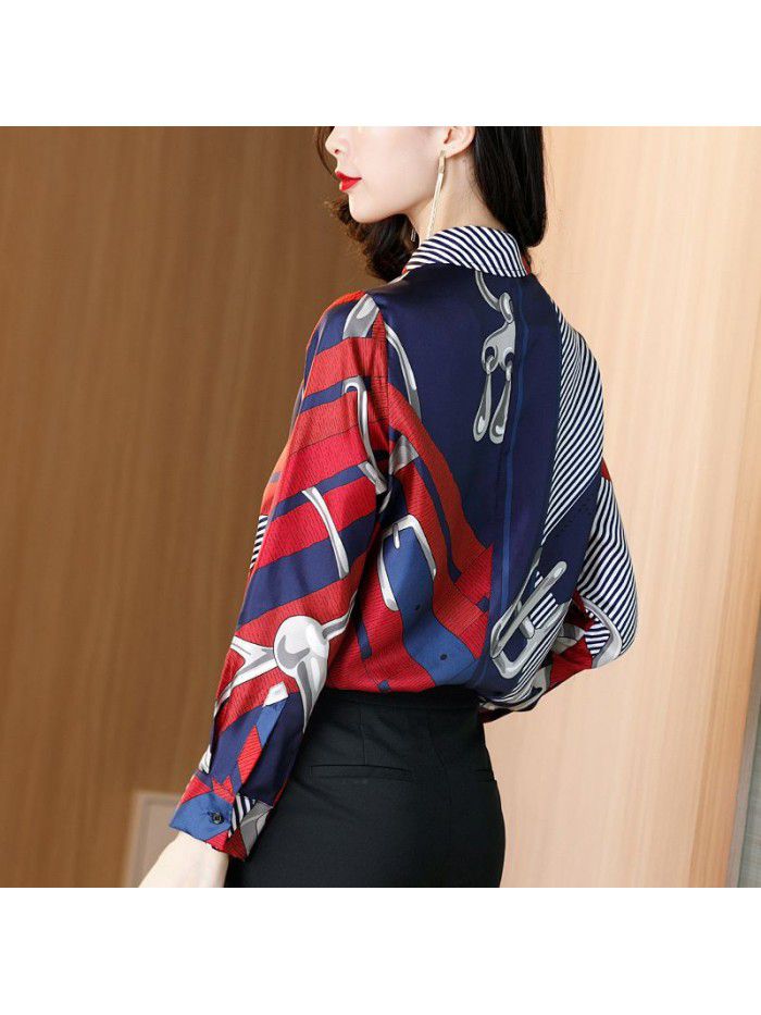  spring new Silk Long Sleeve Shirt women's shirt printed Lapel loose silk women's shirt 