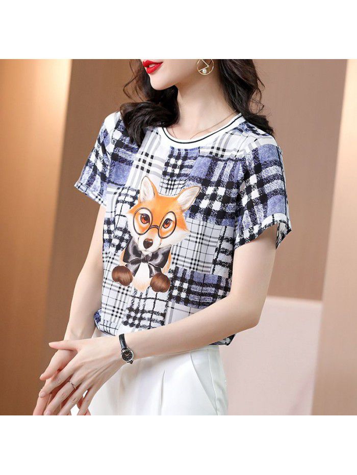 Silk short sleeve T-shirt women's summer  new loose cartoon print mulberry silk harbor style Korean version top 
