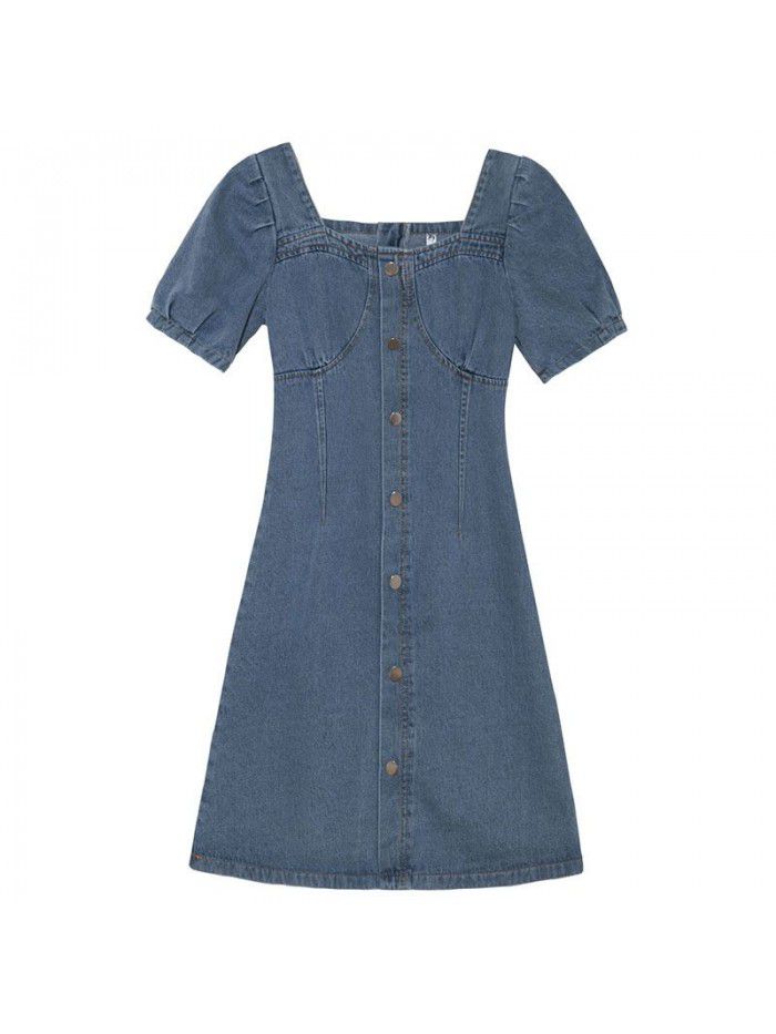 Denim dress women's Retro short sleeve  spring dress new thin waist slim A-line short skirt fashion 