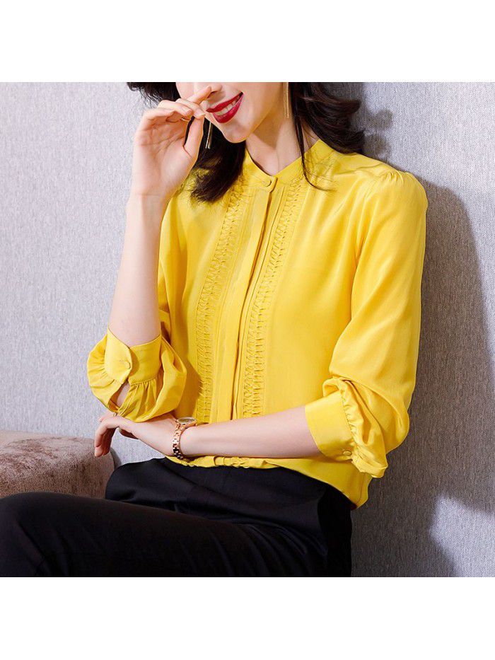 Heavyweight silk shirt women's long sleeve  spring dress new style shirt retro stand collar pure mulberry silk top female 