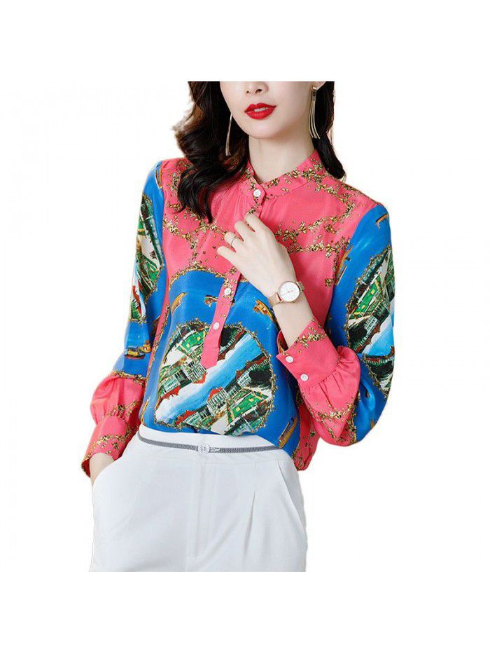 Fashion stand collar casual long sleeve wide mulberry silk top printed silk shirt women's  spring women's shirt 
