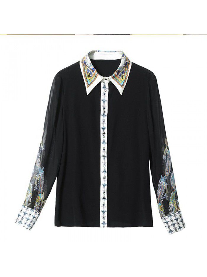 Design sense printed black silk shirt for women's  spring and summer new fashion versatile slim silk shirt 