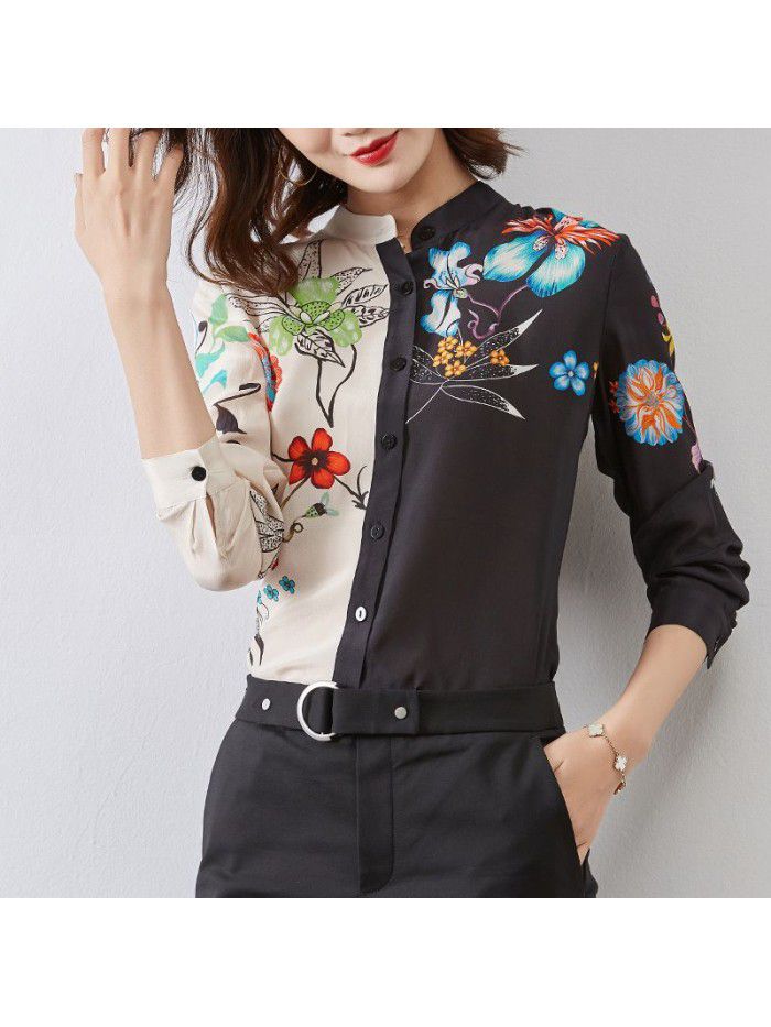  spring and winter new silk top women's printing mulberry silk fashion long sleeve shirt retro stand collar contrast shirt 