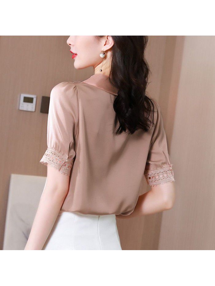 Dark pink silk top short sleeve Organza baby collar  new summer fashion aging mulberry silk shirt 