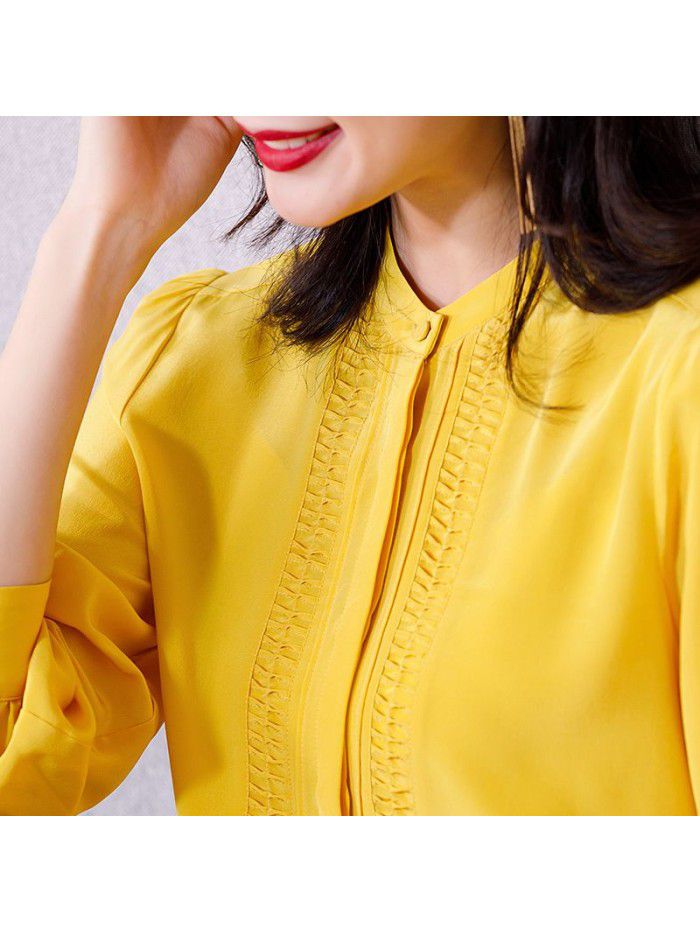 Heavyweight silk shirt women's long sleeve  spring dress new style shirt retro stand collar pure mulberry silk top female 