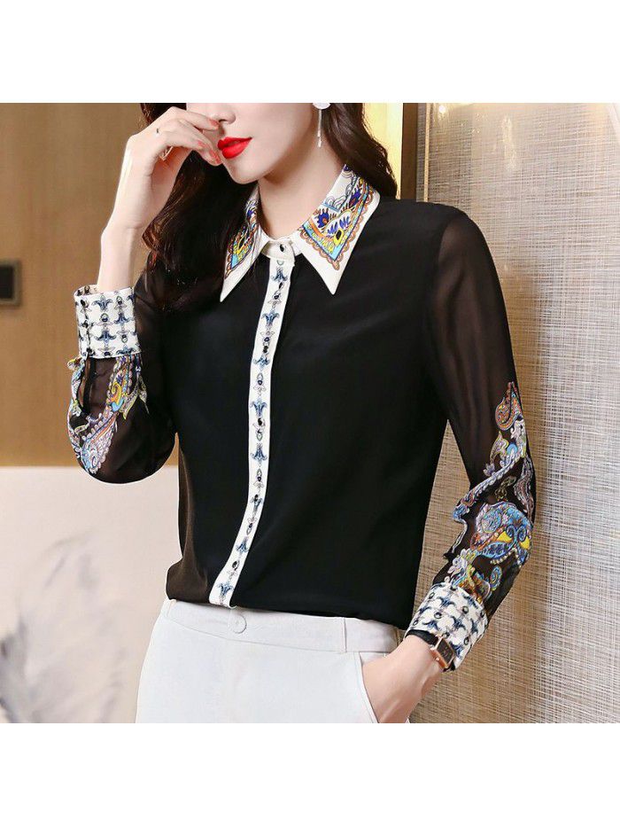 Design sense printed black silk shirt for women's  spring and summer new fashion versatile slim silk shirt 