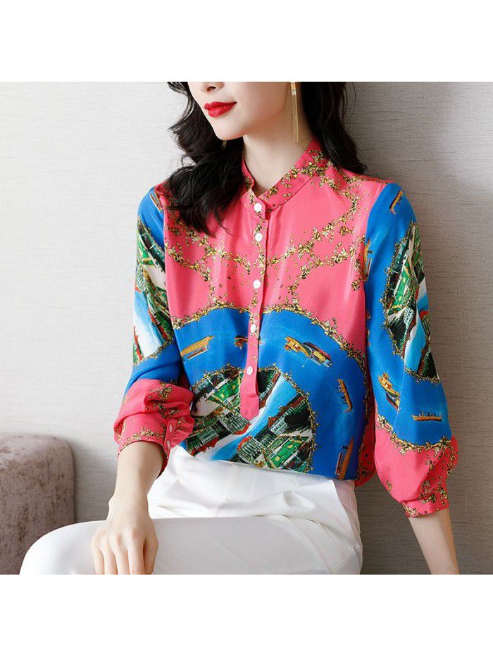Fashion stand collar casual long sleeve wide mulberry silk top printed silk shirt women's  spring women's shirt 
