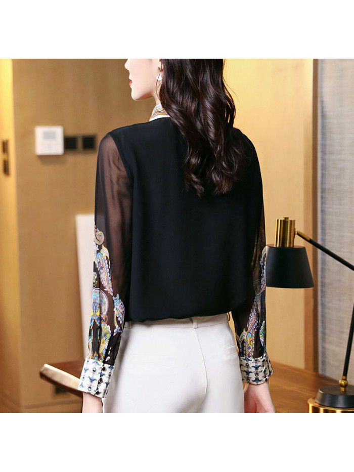 Design sense printed black silk shirt for women's  spring and summer new fashion versatile slim silk shirt 